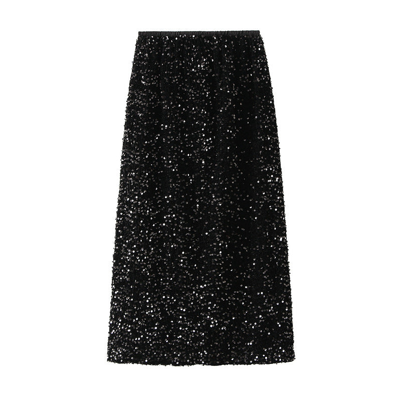 Textured Sequin Column Midi Skirt - black