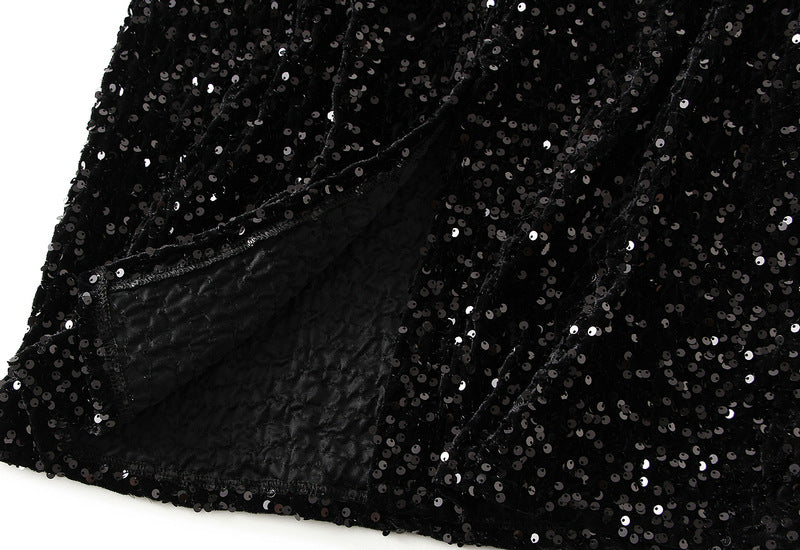 Textured Sequin Column Midi Skirt - black - 4