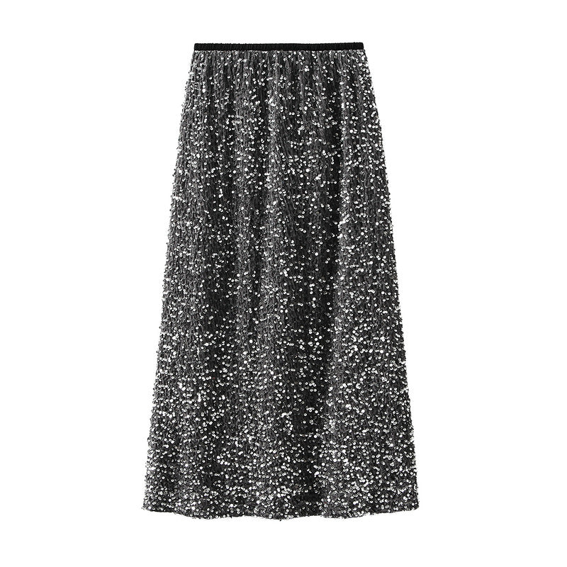 Textured Sequin Column Midi Skirt - grey