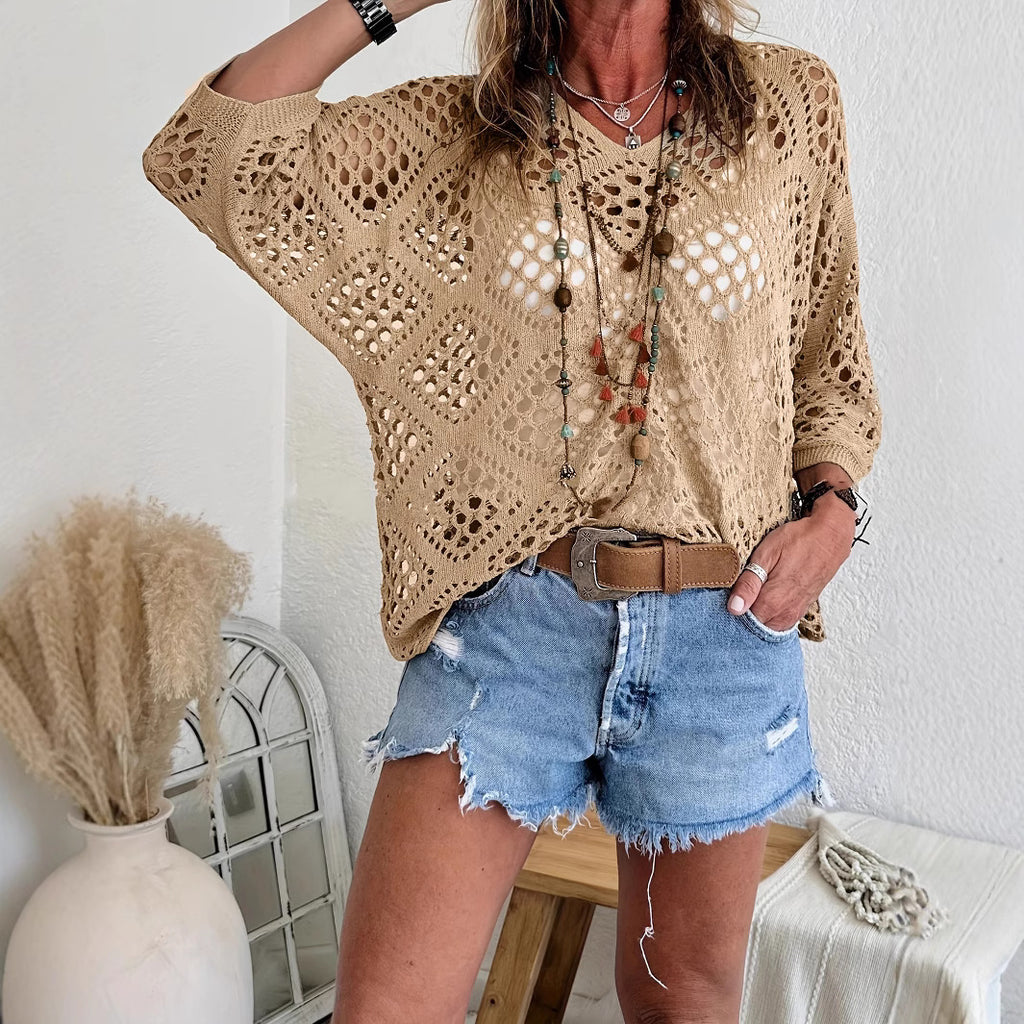 Crochet Pointelle Dolman Sleeve Sweater Top - Apricot
