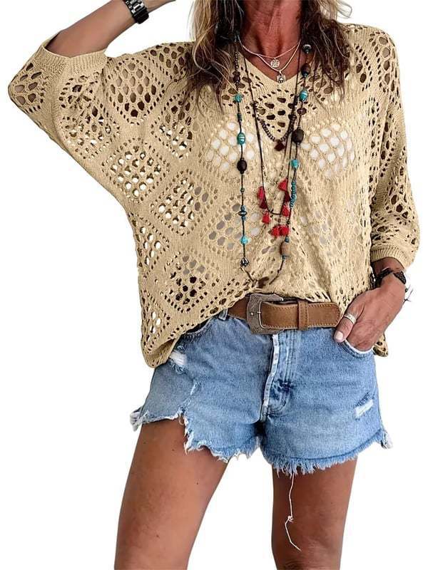 Crochet Pointelle Dolman Sleeve Sweater Top - Beige