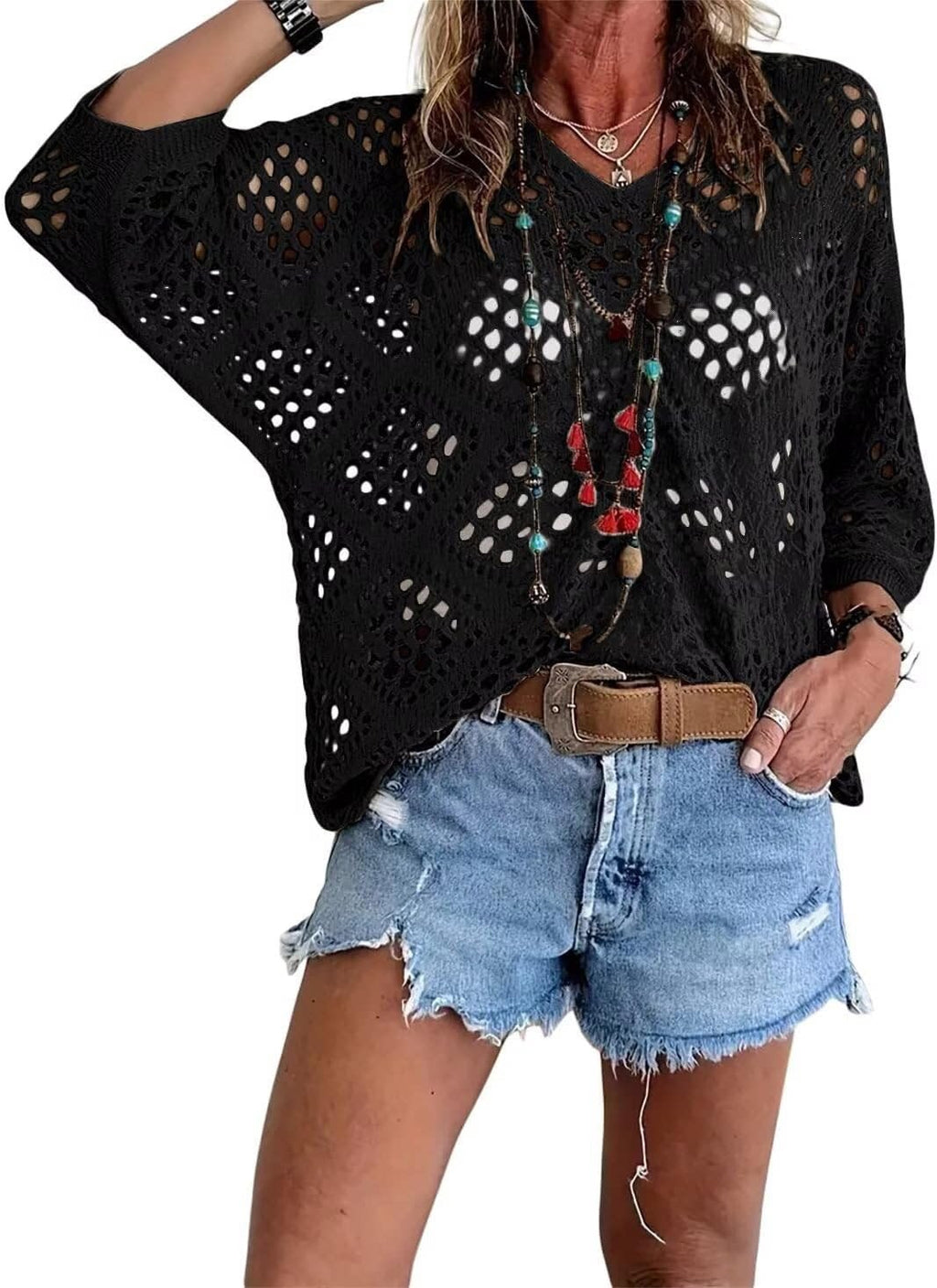 Crochet Pointelle Dolman Sleeve Sweater Top - Black