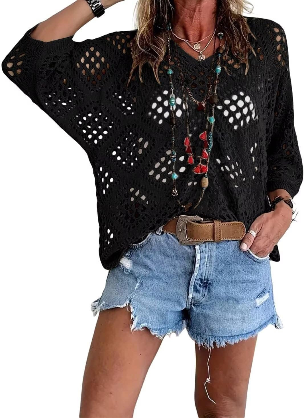 Crochet Pointelle Dolman Sleeve Sweater Top - Black