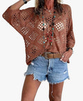 Crochet Pointelle Dolman Sleeve Sweater Top - Caramel