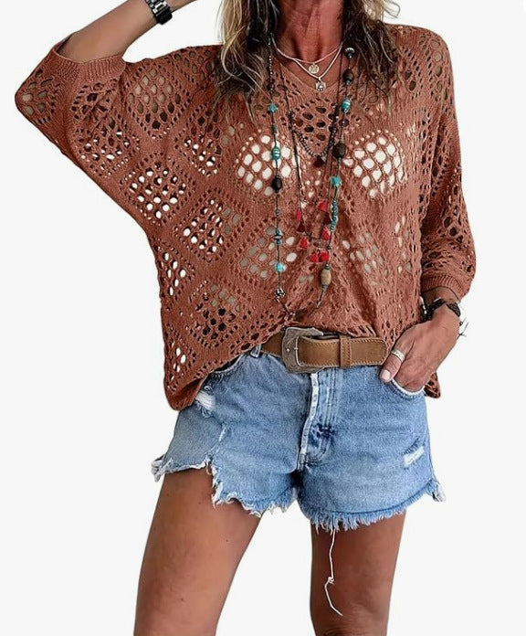 Crochet Pointelle Dolman Sleeve Sweater Top - Caramel