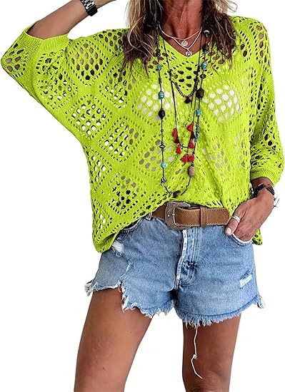 Crochet Pointelle Dolman Sleeve Sweater Top - FtGreen