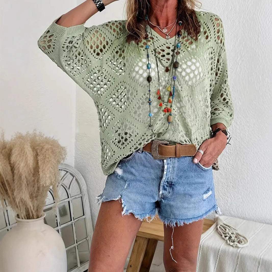 Crochet Pointelle Dolman Sleeve Sweater Top - Green