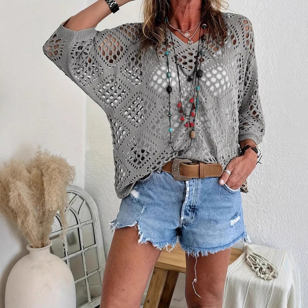 Crochet Pointelle Dolman Sleeve Sweater Top - Grey