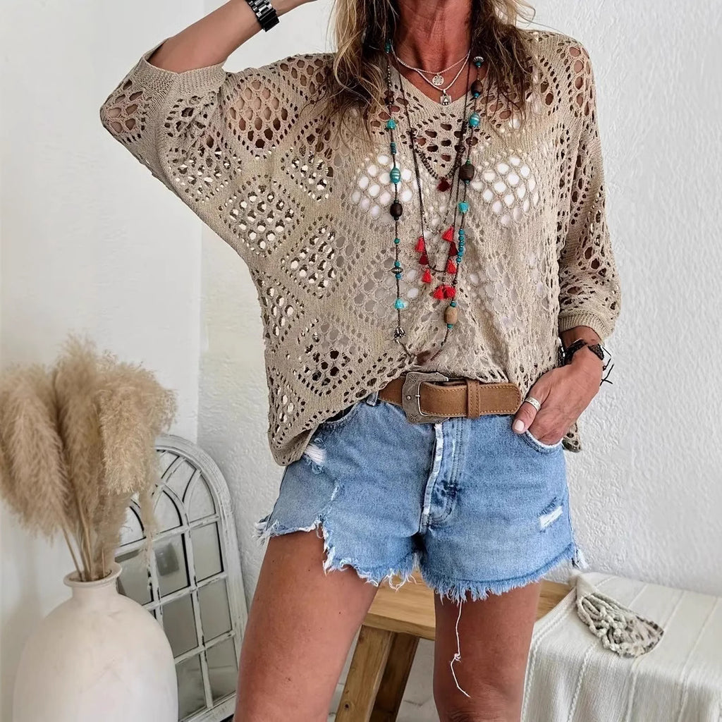Crochet Pointelle Dolman Sleeve Sweater Top - Khaki