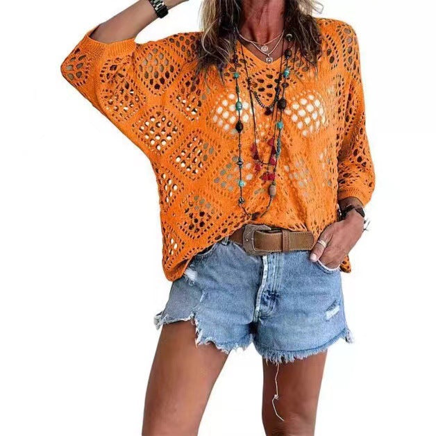 Crochet Pointelle Dolman Sleeve Sweater Top - Orange
