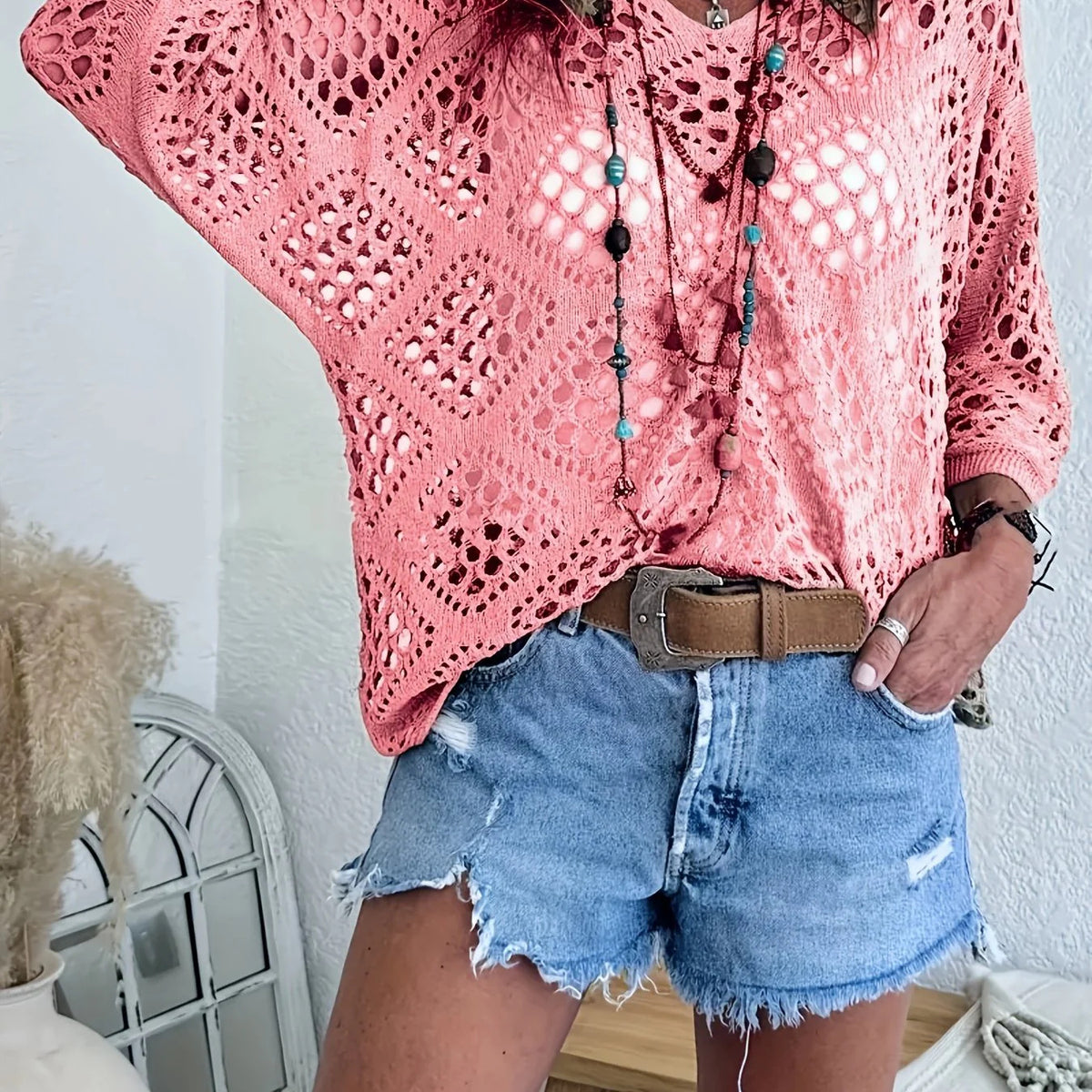 Crochet Pointelle Dolman Sleeve Sweater Top - Pink