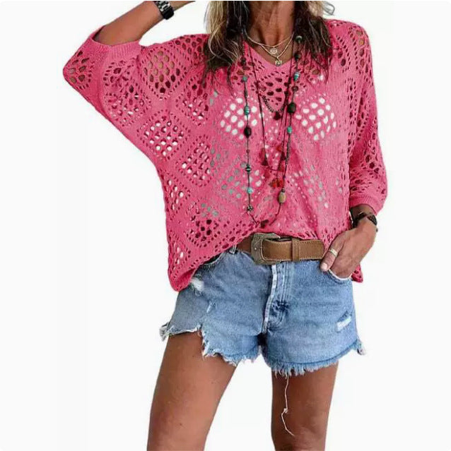 Crochet Pointelle Dolman Sleeve Sweater Top - Plum