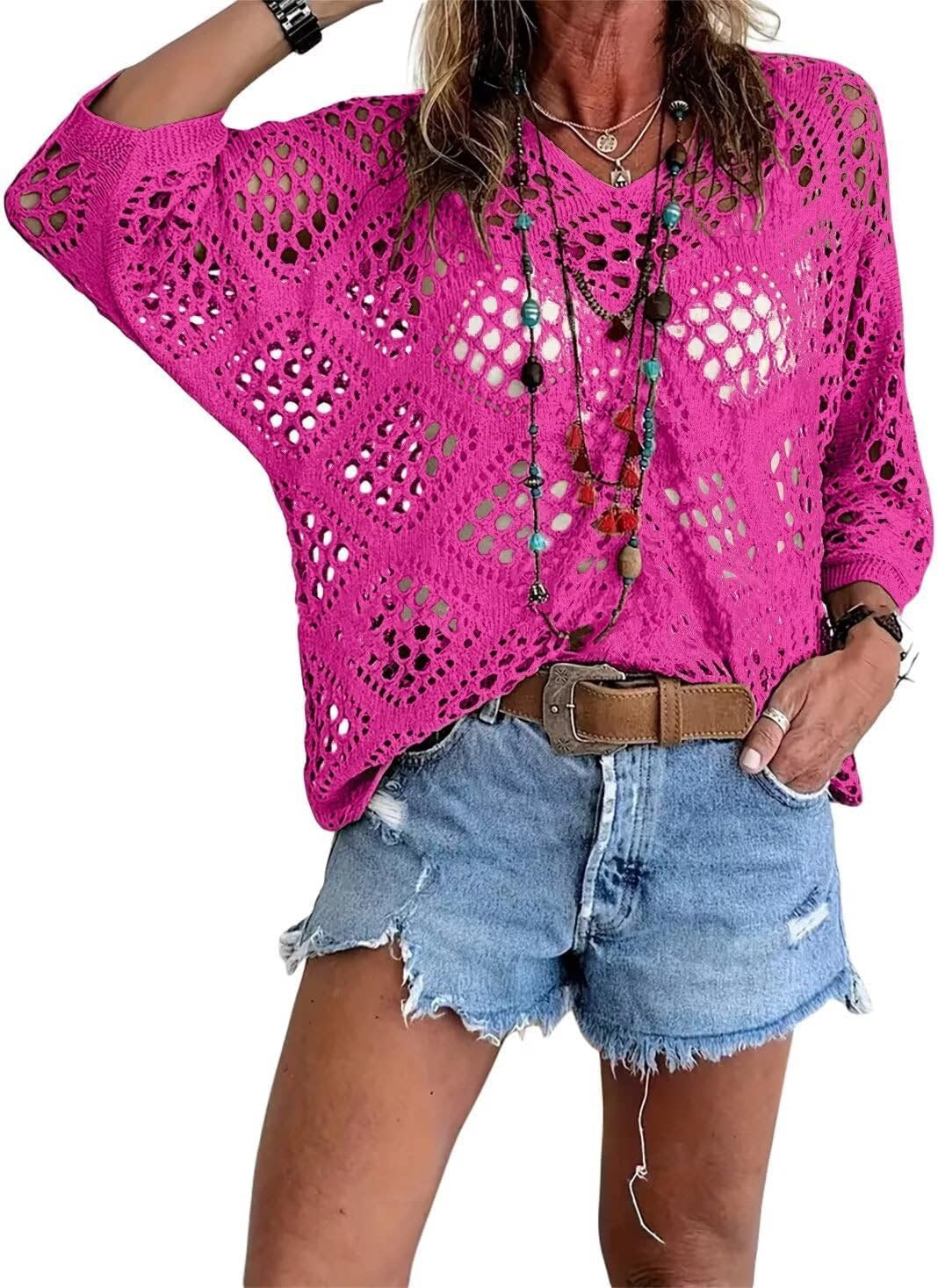 Crochet Pointelle Dolman Sleeve Sweater Top - RoseRed