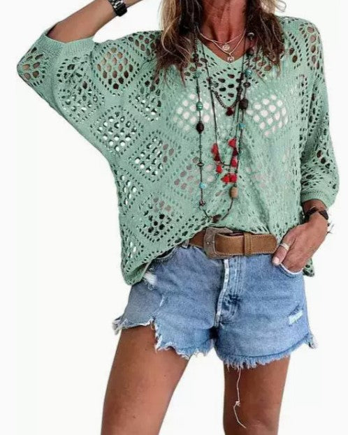 Crochet Pointelle Dolman Sleeve Sweater Top - Turquoise