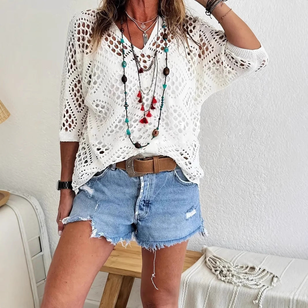 Crochet Pointelle Dolman Sleeve Sweater Top - White