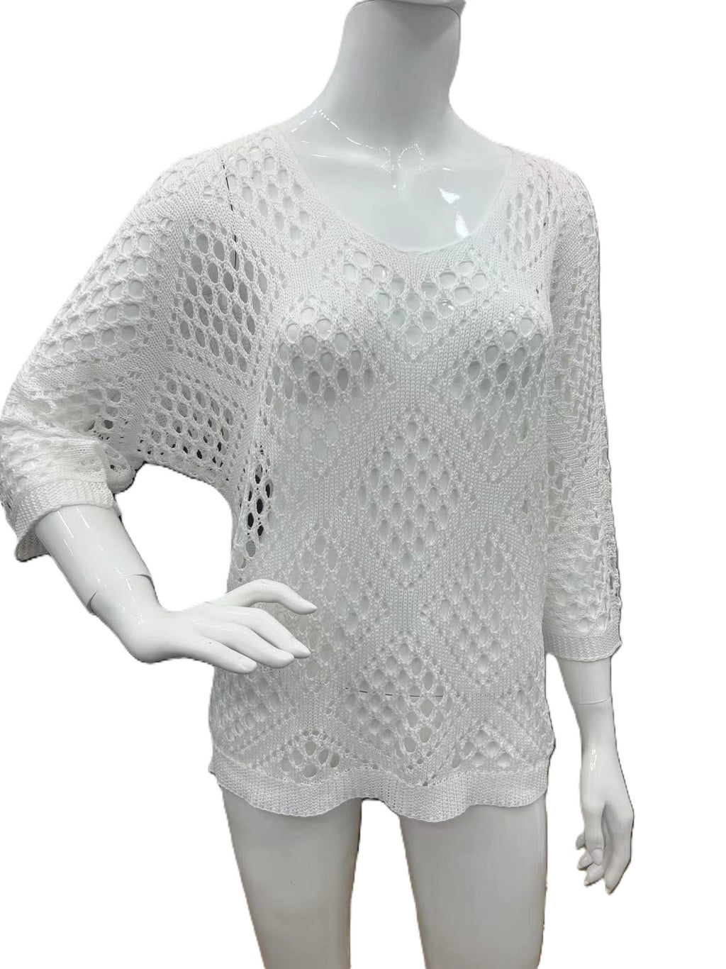 Crochet Pointelle Dolman Sleeve Sweater Top - White - 1