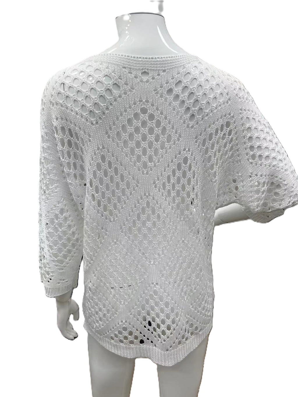 Crochet Pointelle Dolman Sleeve Sweater Top - White - 2
