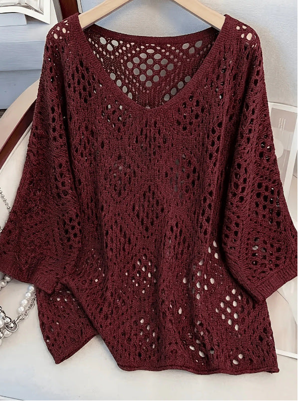 Crochet Pointelle Dolman Sleeve Sweater Top - WineRed