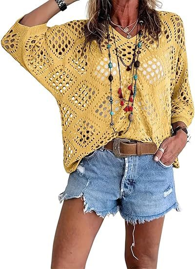 Crochet Pointelle Dolman Sleeve Sweater Top - Yellow