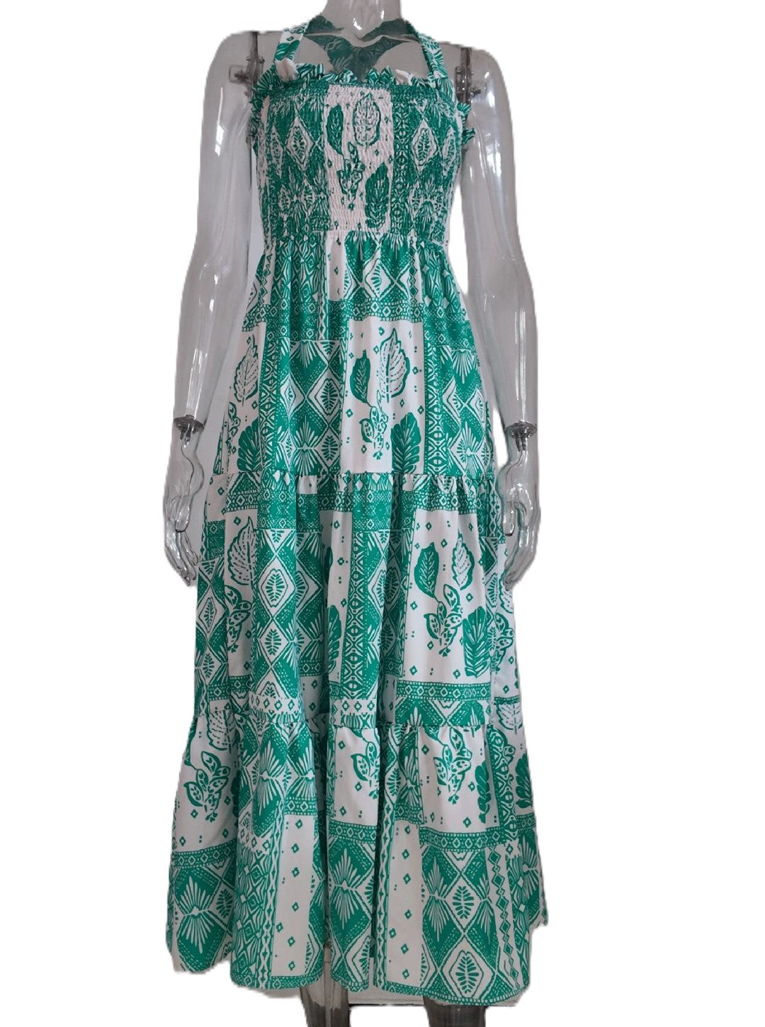 Floral Tiered Maxi Dress With Bow Straps - Green