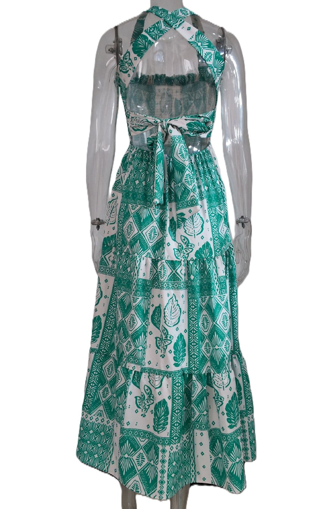 Floral Tiered Maxi Dress With Bow Straps - Green - 1