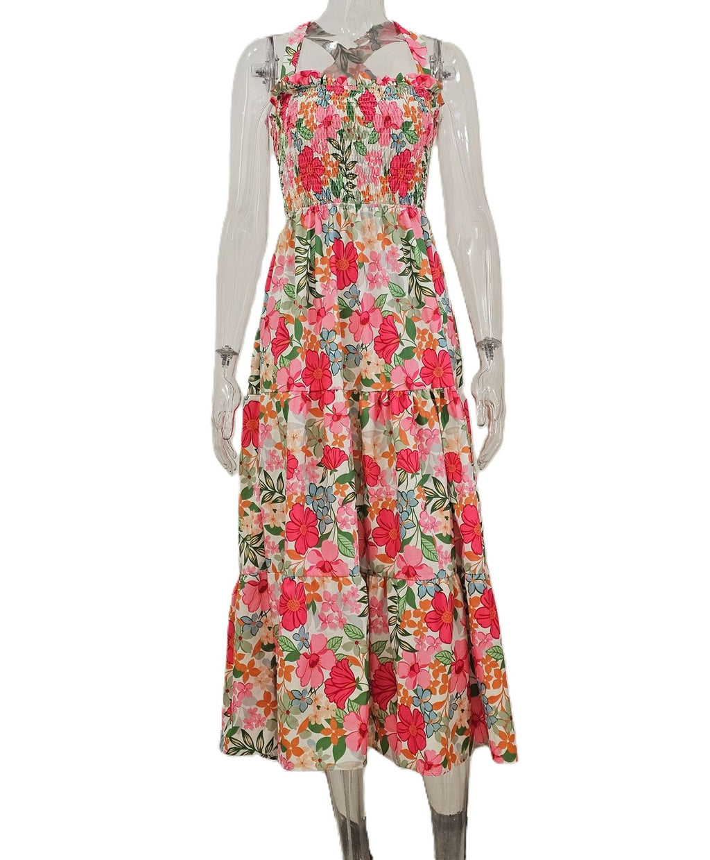 Floral Tiered Maxi Dress With Bow Straps - Pink