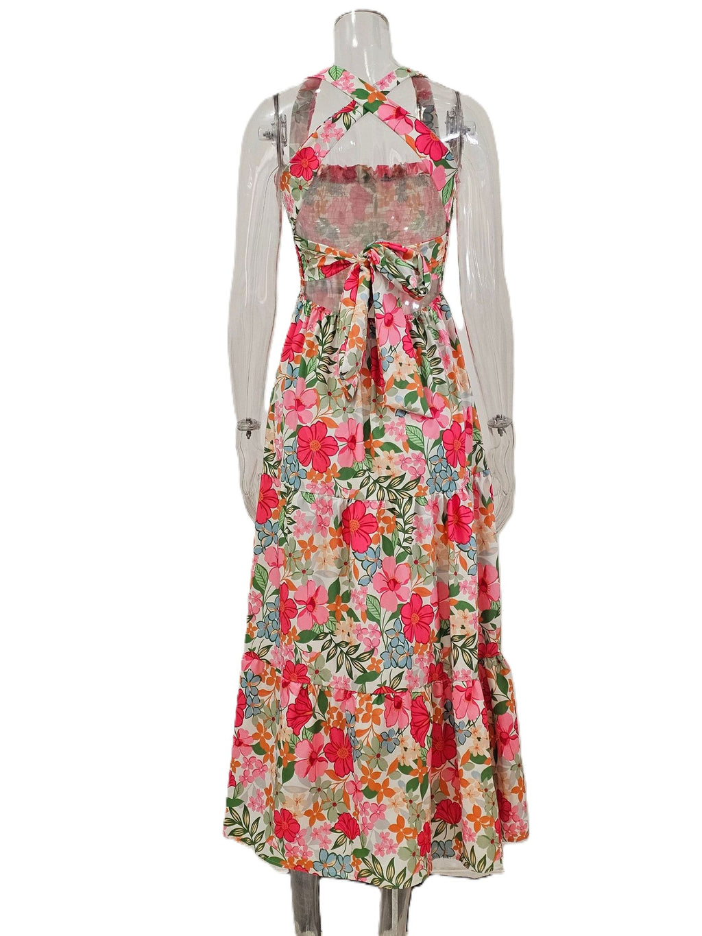 Floral Tiered Maxi Dress With Bow Straps - Pink - 1