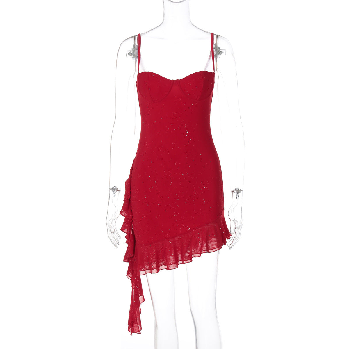Sparkle Ruched Asymmetric Ruffle Mini Dress - Red