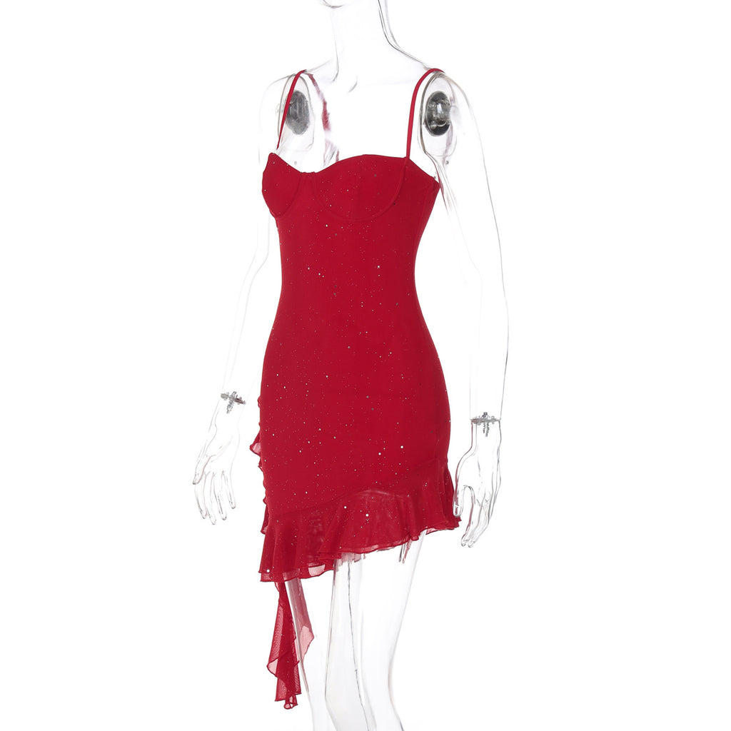 Sparkle Ruched Asymmetric Ruffle Mini Dress - Red - 1