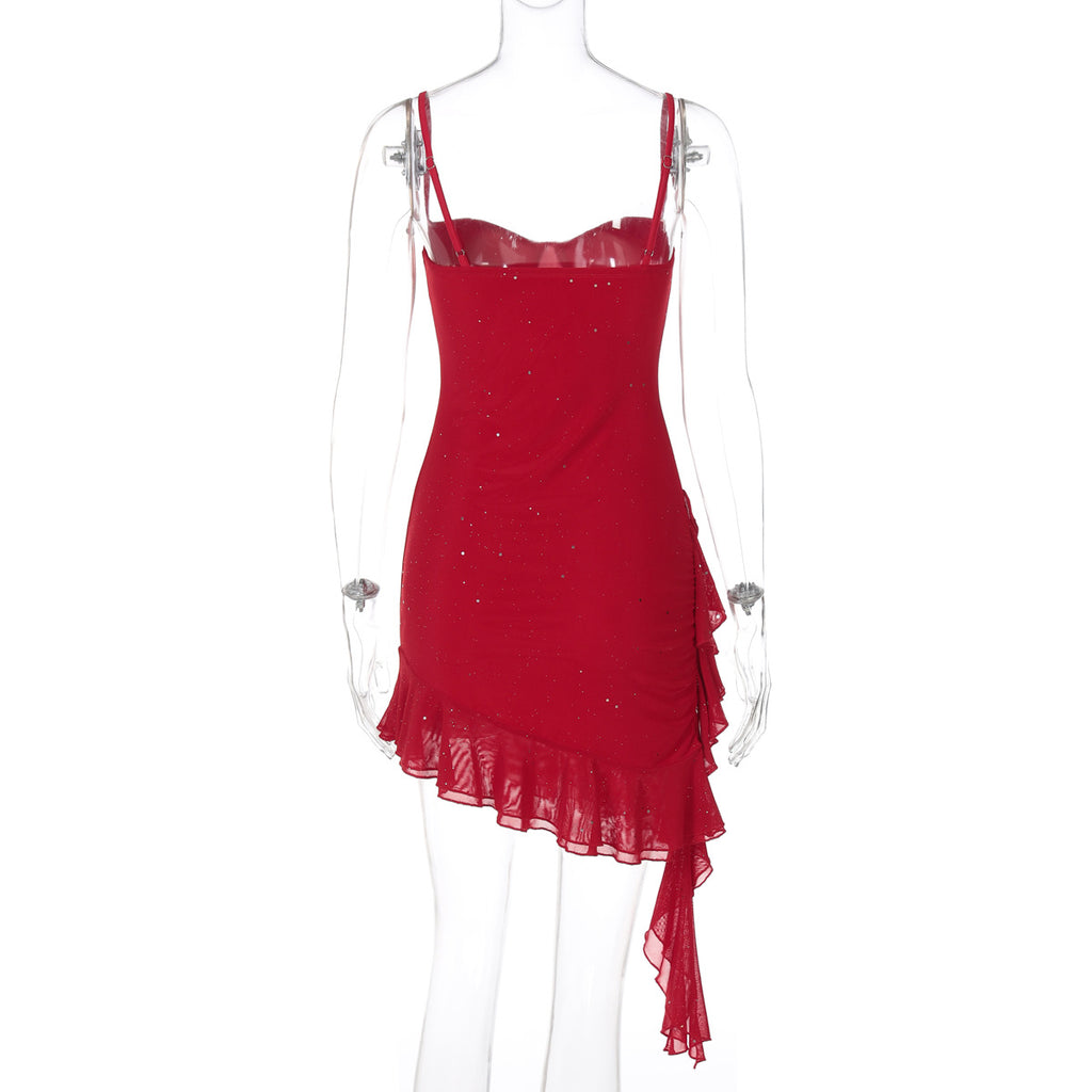 Sparkle Ruched Asymmetric Ruffle Mini Dress - Red - 2