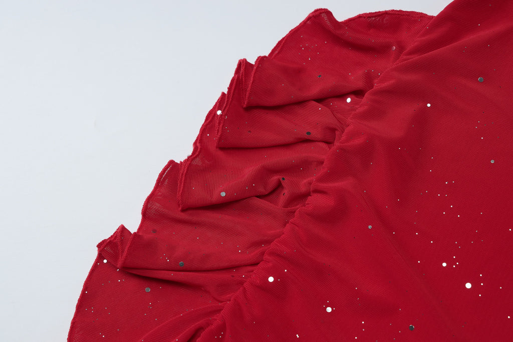 Sparkle Ruched Asymmetric Ruffle Mini Dress - Red - 5