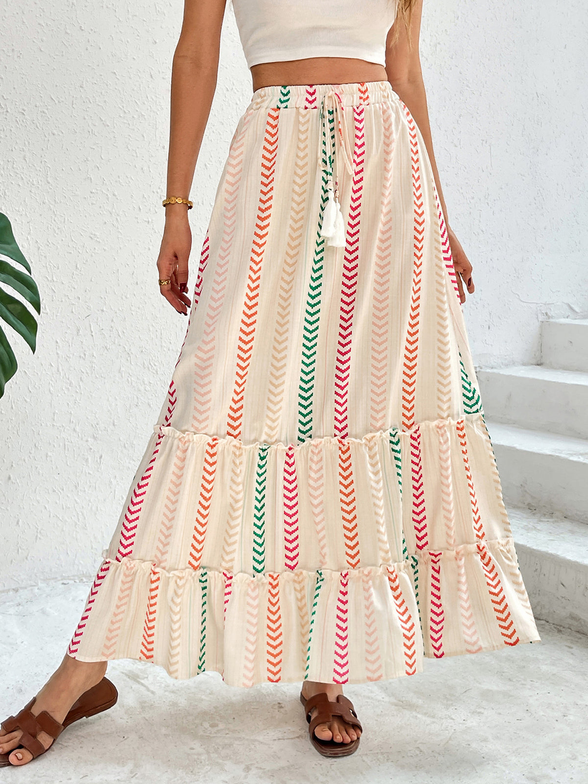 Chevron Stripe Tiered Boho Maxi Skirt - Apricot