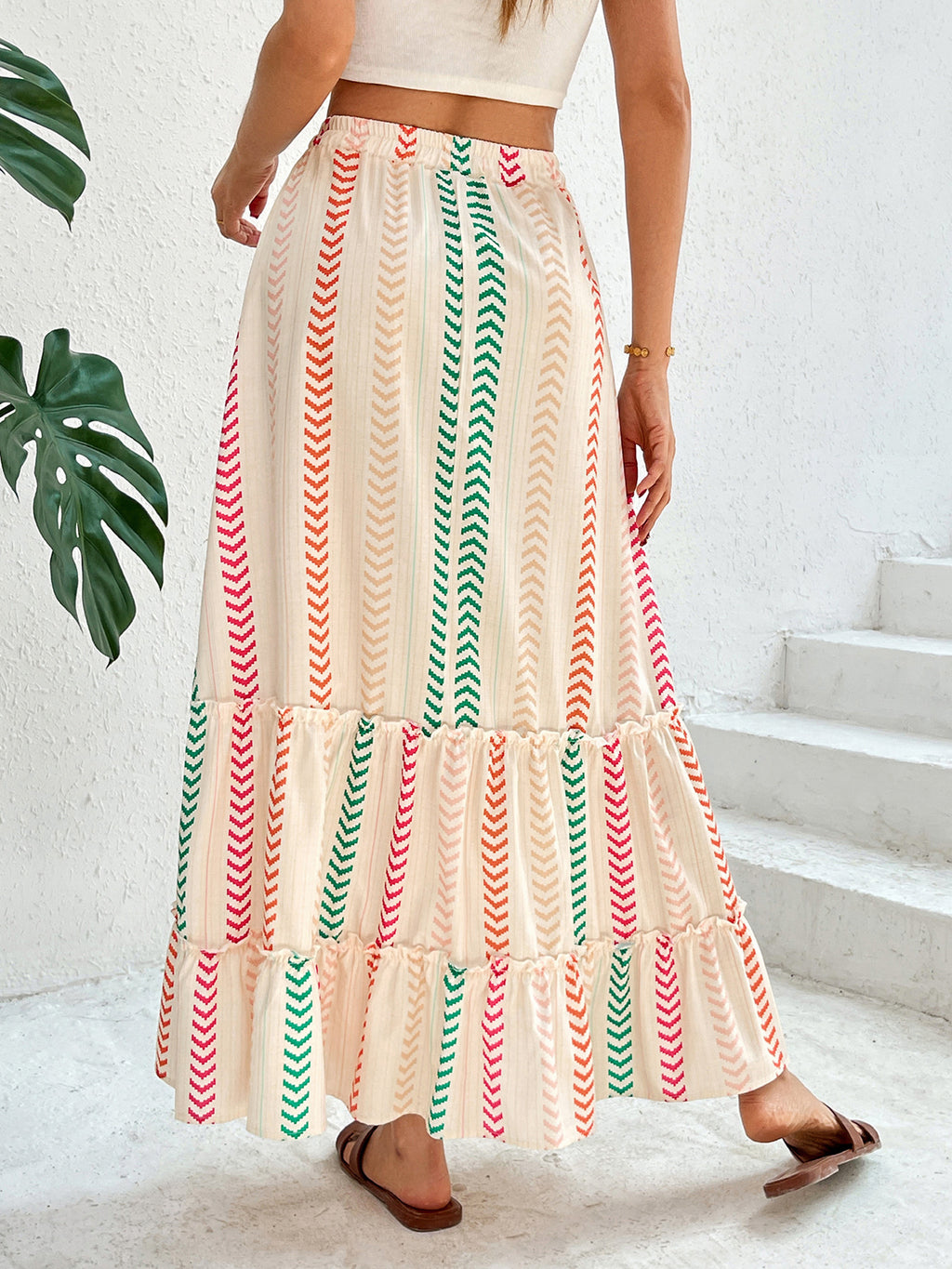 Chevron Stripe Tiered Boho Maxi Skirt - Apricot - 1
