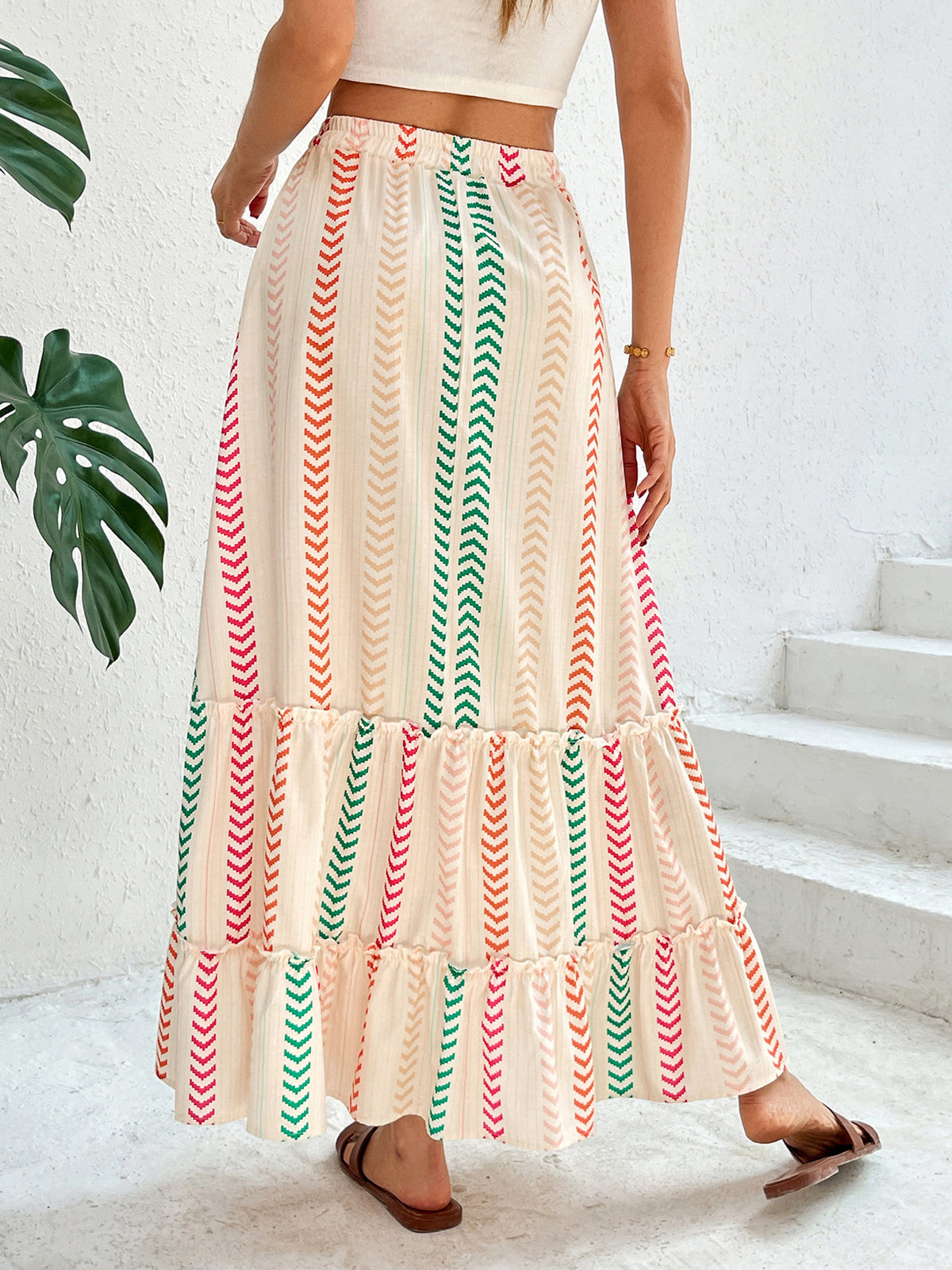 Chevron Stripe Tiered Boho Maxi Skirt - Apricot - 1