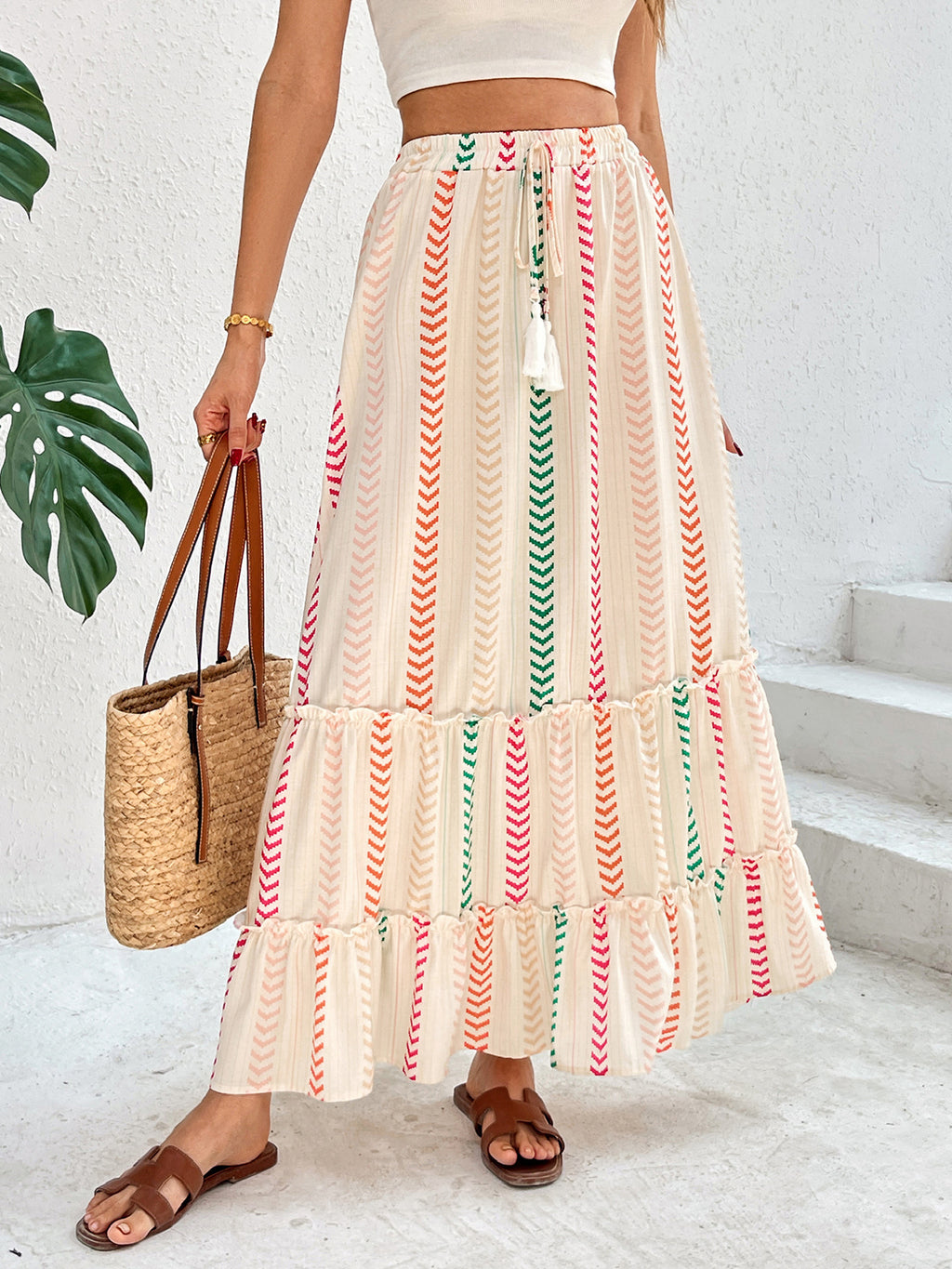 Chevron Stripe Tiered Boho Maxi Skirt - Apricot - 2