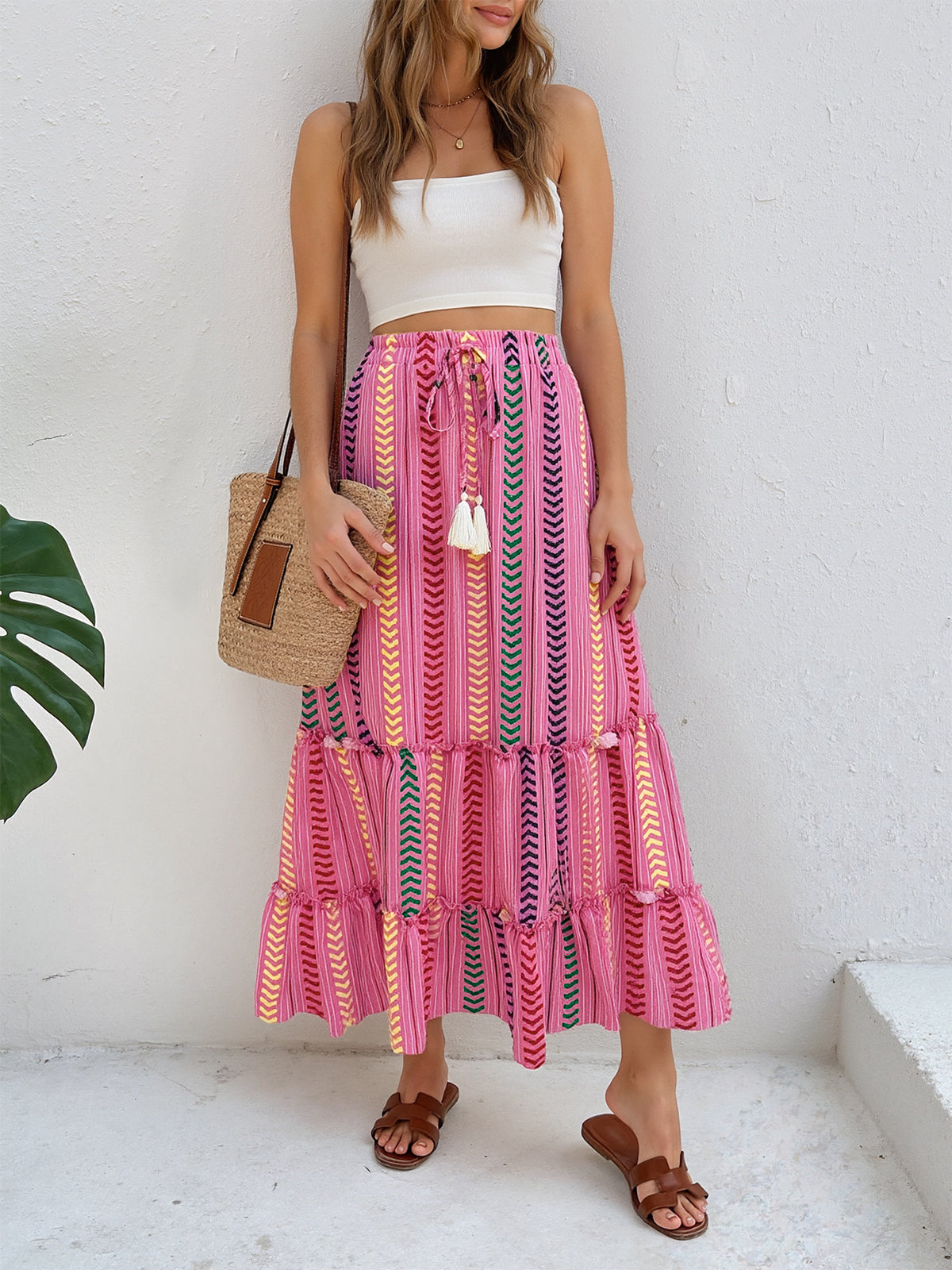 Chevron Stripe Tiered Boho Maxi Skirt - Rose