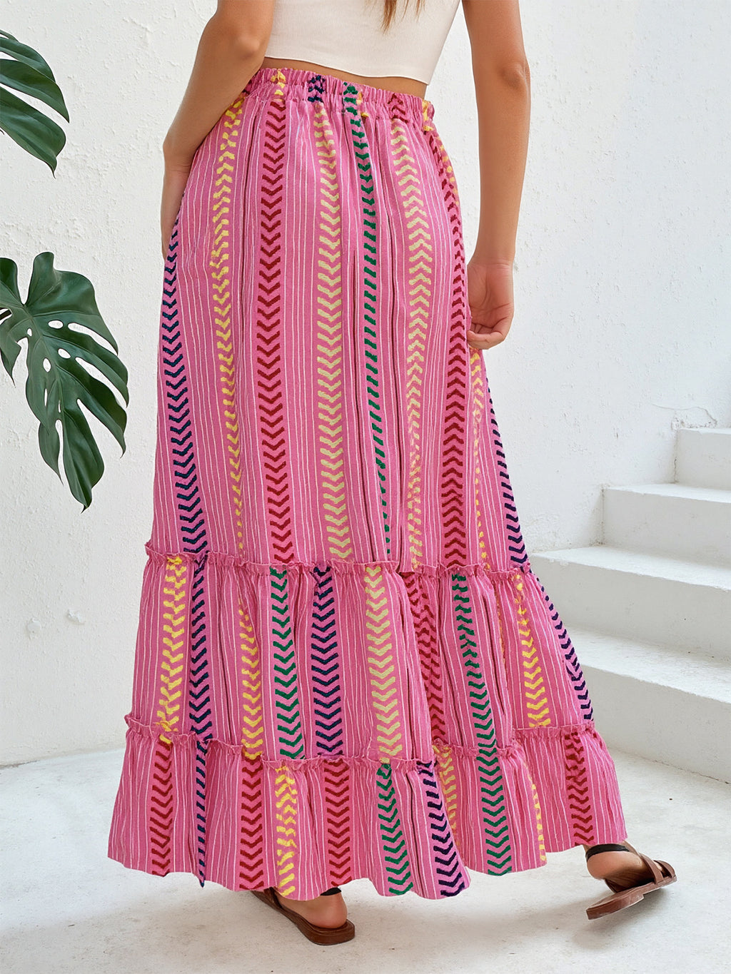 Chevron Stripe Tiered Boho Maxi Skirt - Rose - 2