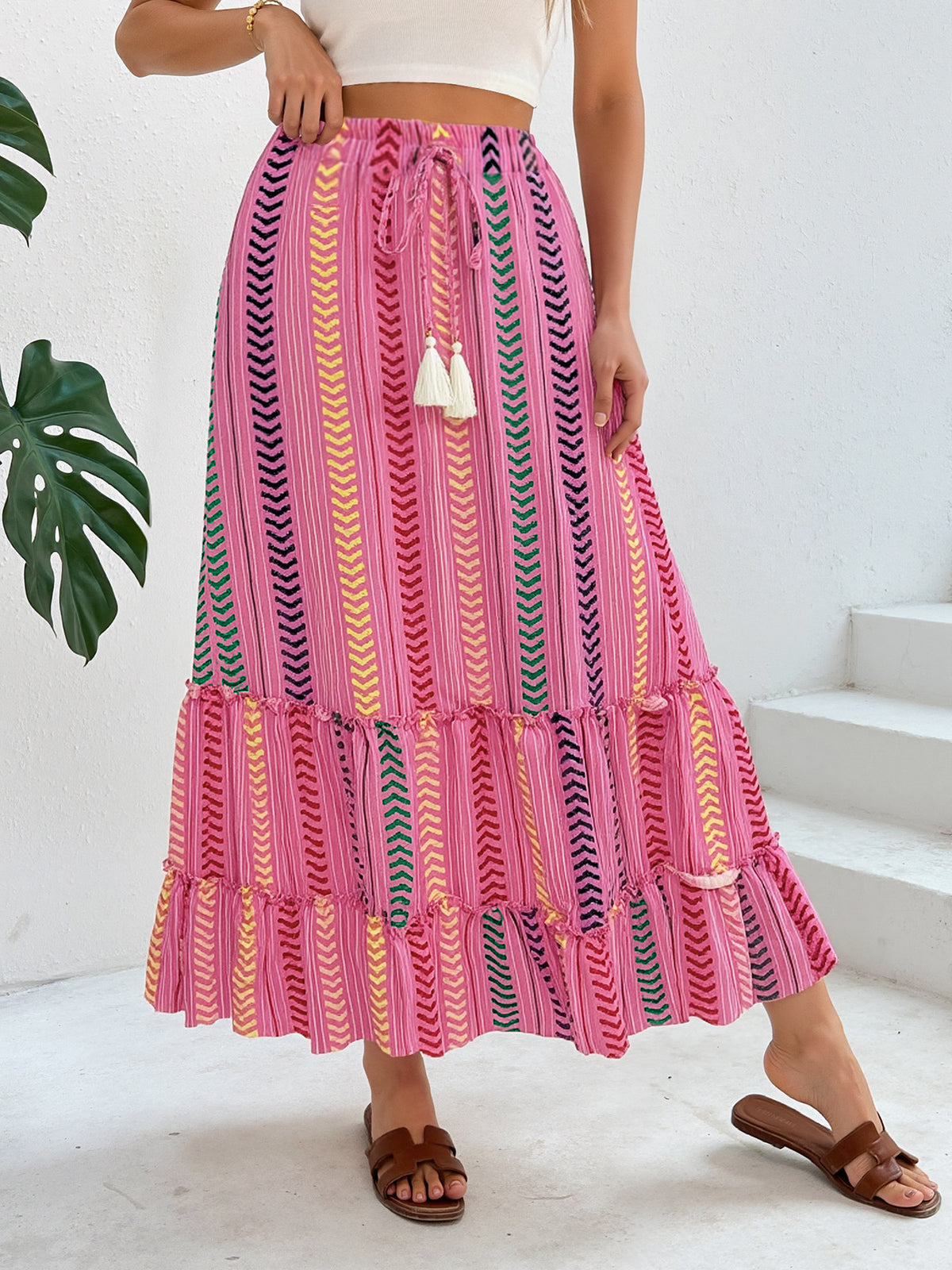 Chevron Stripe Tiered Boho Maxi Skirt - Rose - 3
