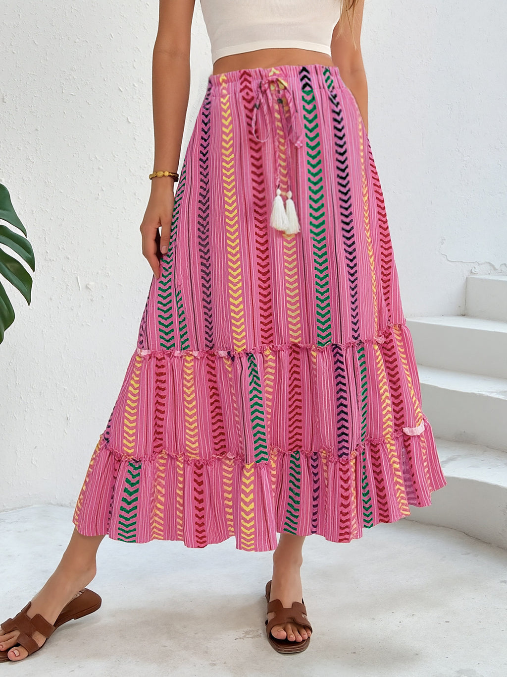 Chevron Stripe Tiered Boho Maxi Skirt - Rose - 4