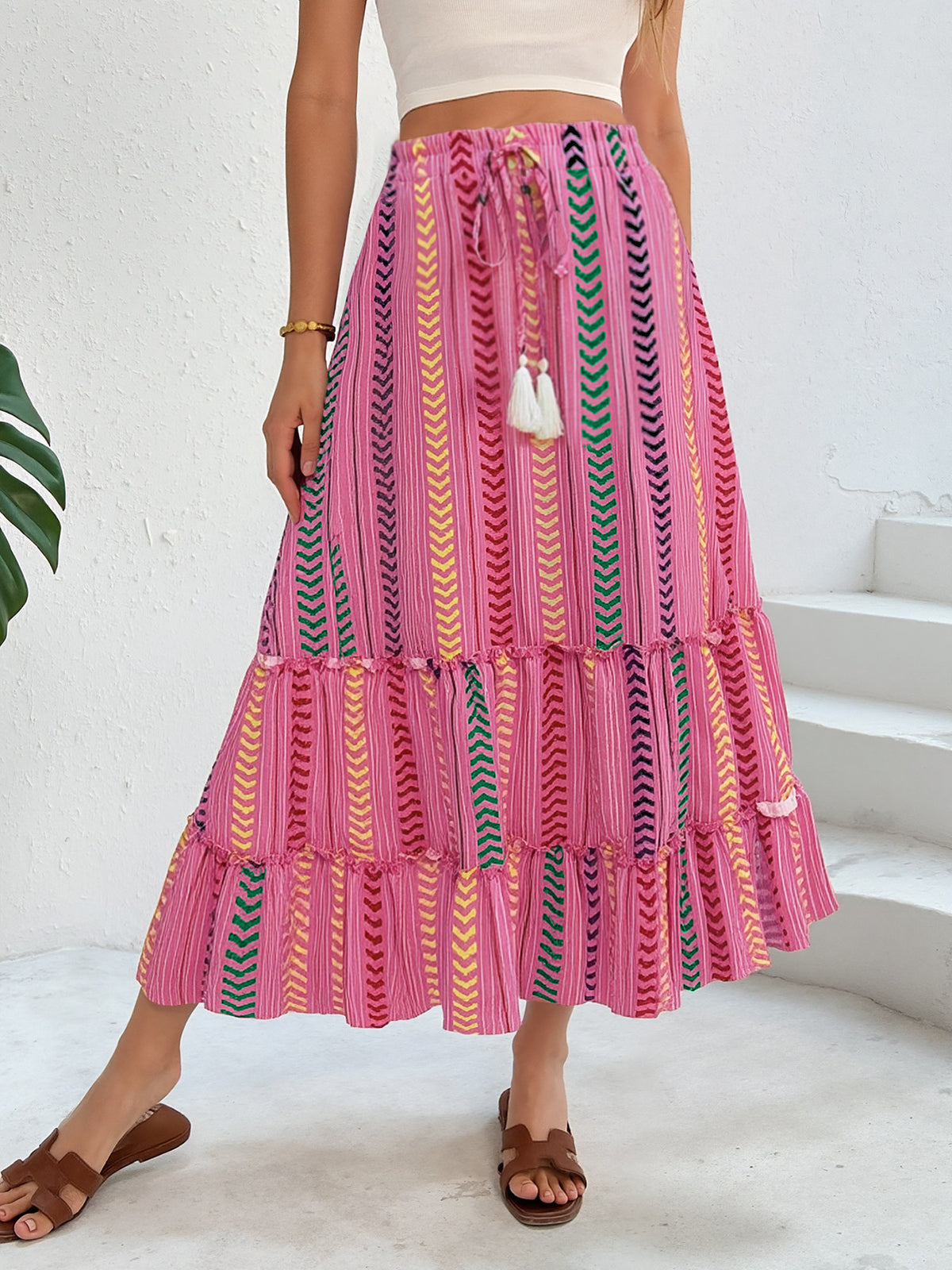 Chevron Stripe Tiered Boho Maxi Skirt - Rose - 4