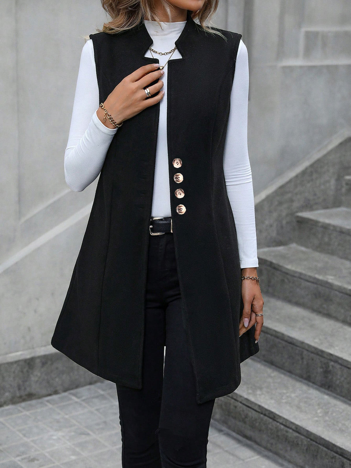 Longline Sleeveless Tailored Vest With Pockets - Black
