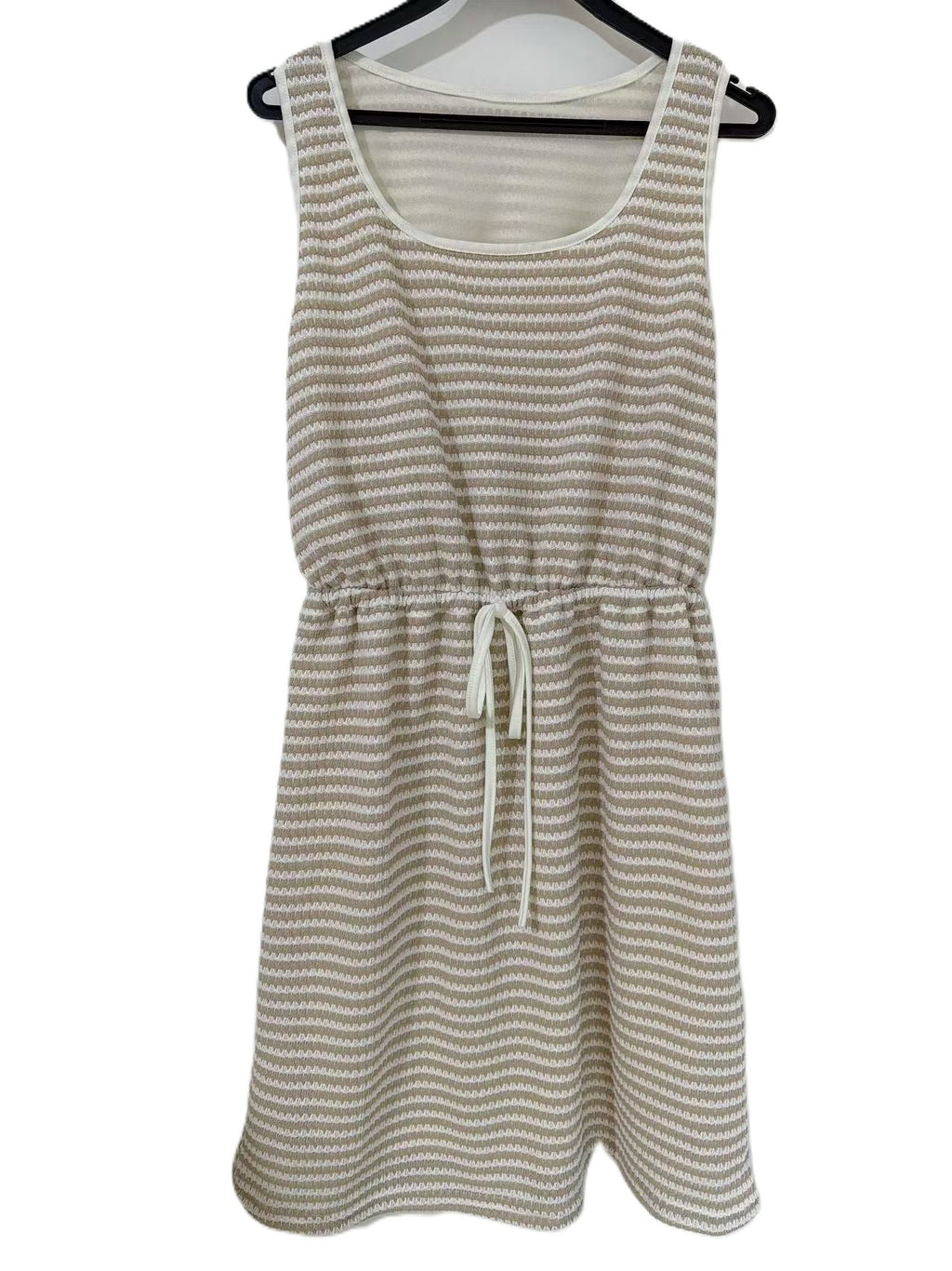 Striped Knit Drawstring Waist Mini Dress - Apricot
