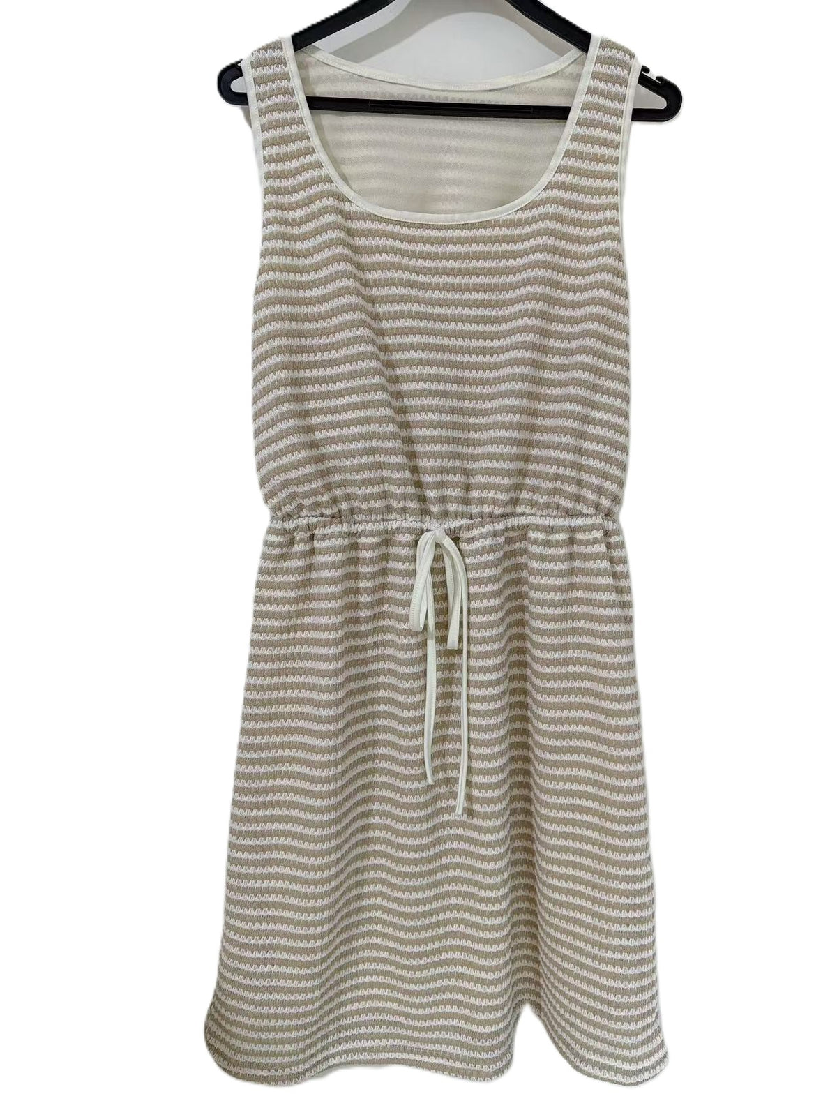 Striped Knit Drawstring Waist Mini Dress - Apricot