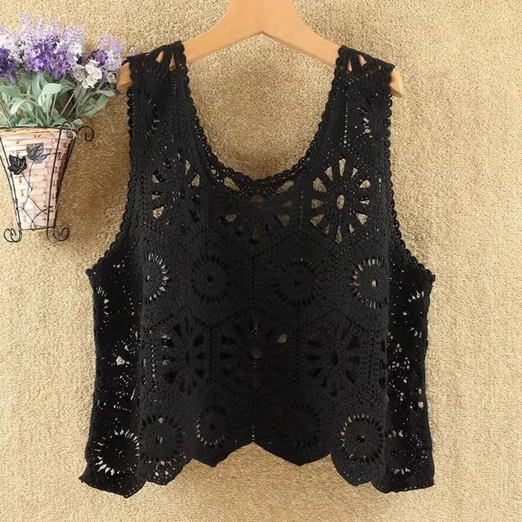 Crochet Lace Scalloped Hem Tank Top - Black