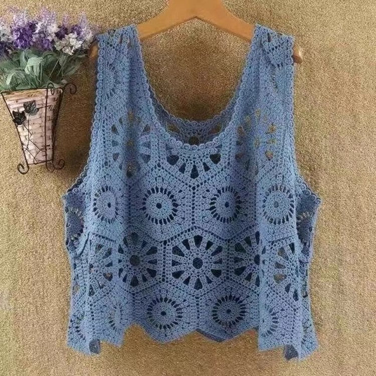 Crochet Lace Scalloped Hem Tank Top - Blue