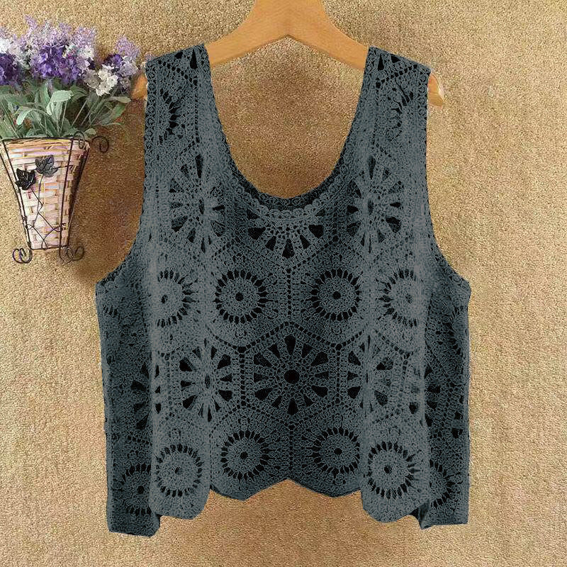 Crochet Lace Scalloped Hem Tank Top - Gray