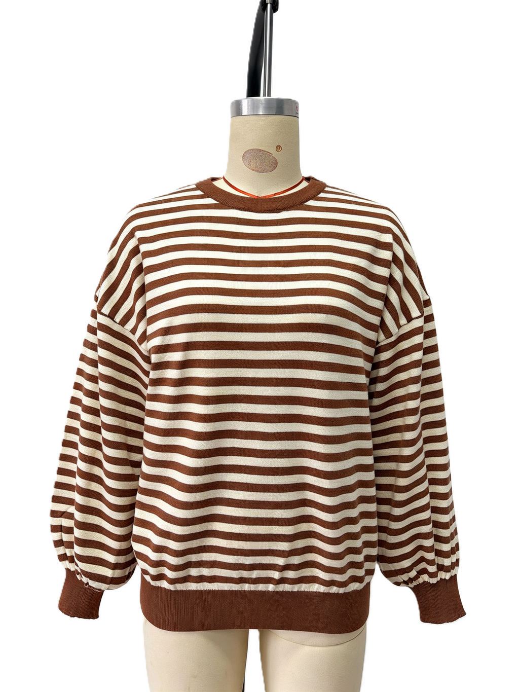 Striped Open Back Crewneck Knit Sweater - Coffee