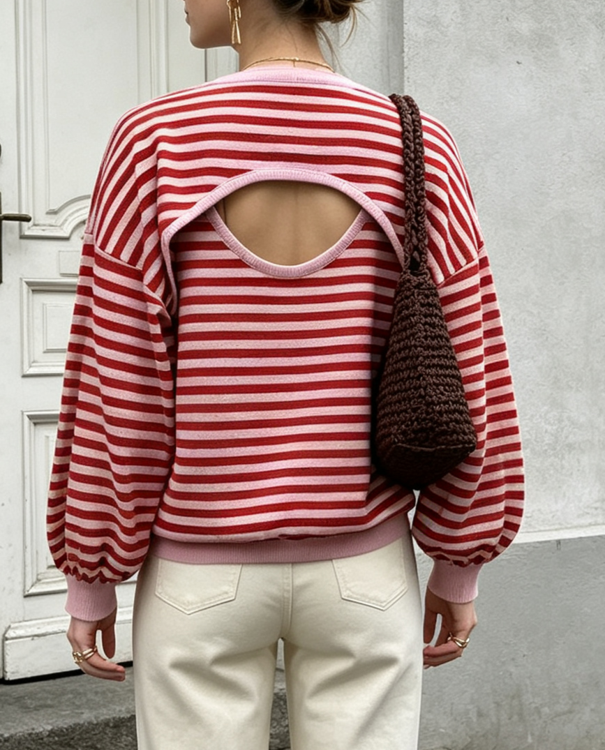 Striped Open Back Crewneck Knit Sweater - Pink