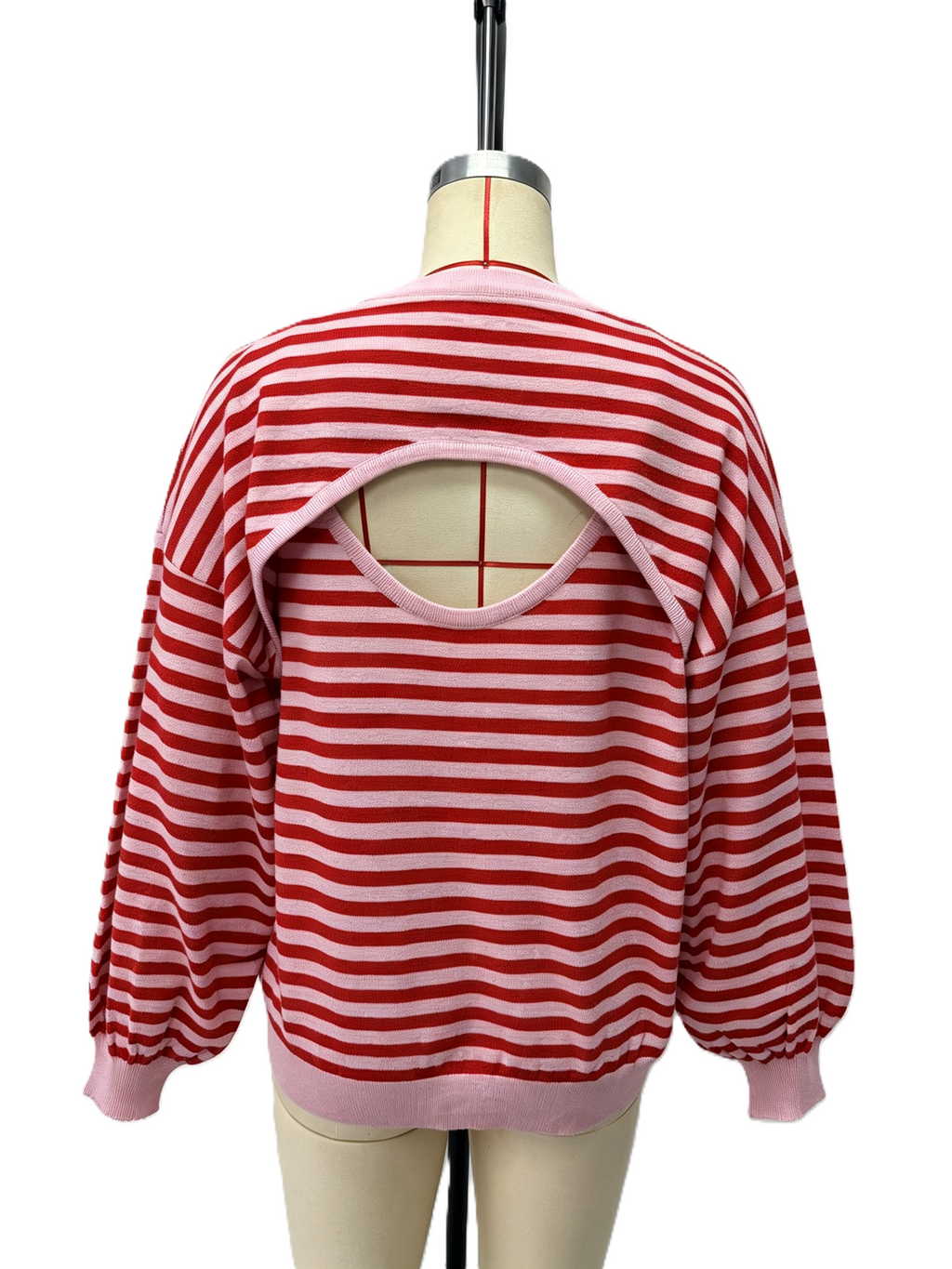 Striped Open Back Crewneck Knit Sweater - Pink - 2