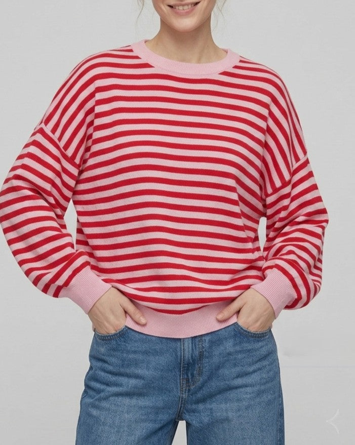 Striped Open Back Crewneck Knit Sweater - Pink - 3